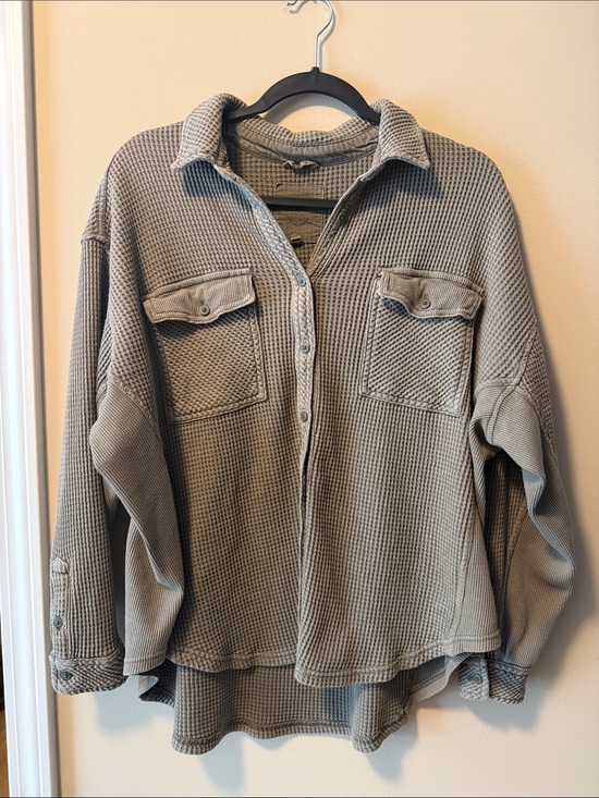 aerie Tops - aerie Waffle Knit Button-Down Shirt Jacket in Light Taupe